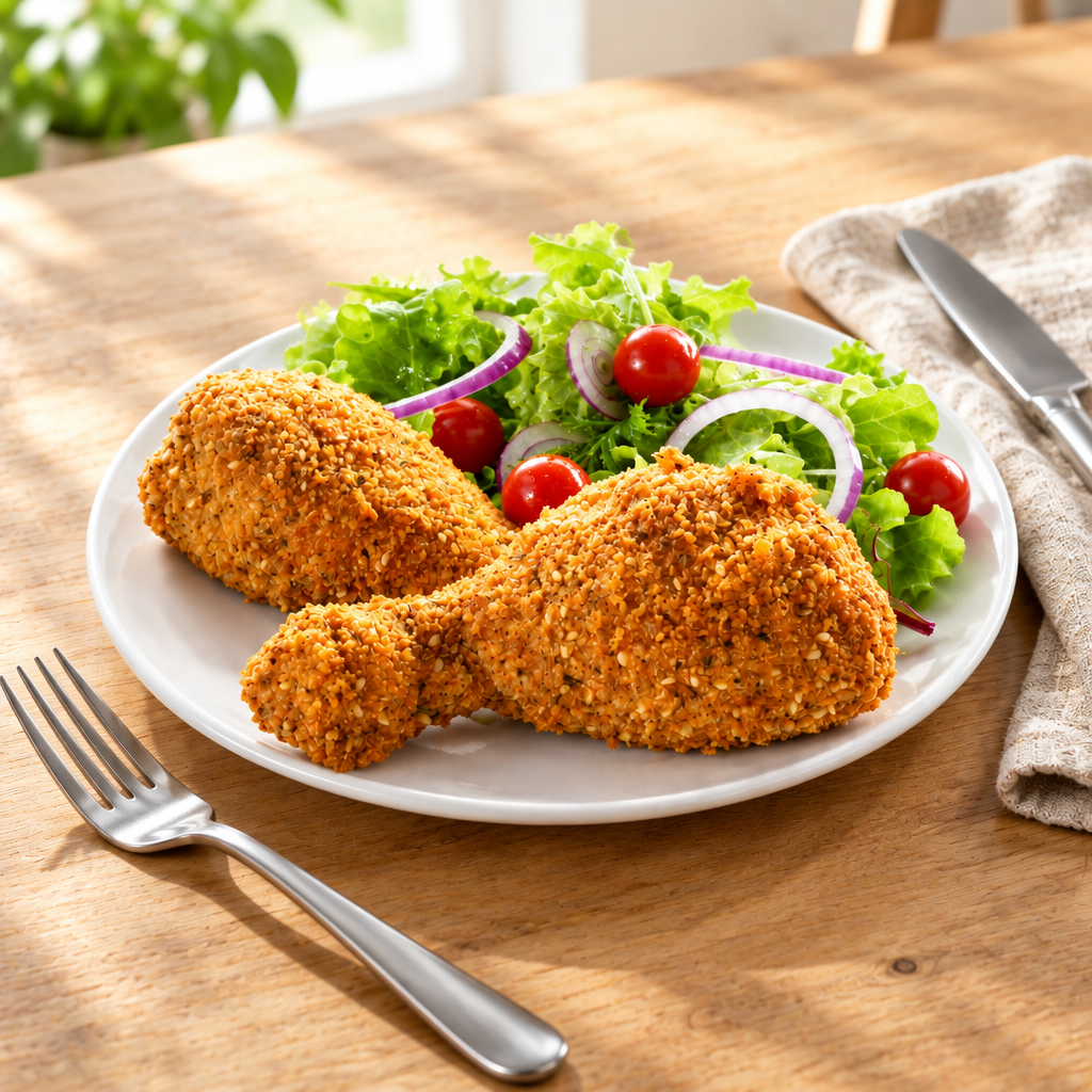 Casual angled view of breaded chicken and salad