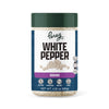 white pepper, ground, 4.25 oz jar, spice, cooking, savory, meats, seafood, soups, sauces.